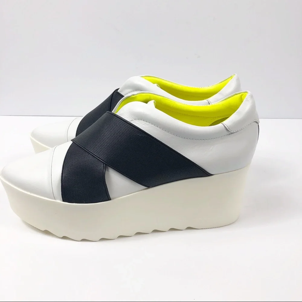 Kendall & Kylie White Black Platform Sneakers with Neon Yellow Lining